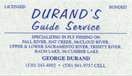 Durand's Guide Service business card advertising fly fishing guide services on multiple rivers