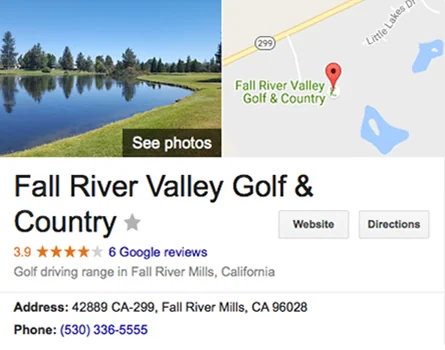 Golf course with water hazard and manicured green lawn with map showing Fall River Valley Golf & Country Club location
