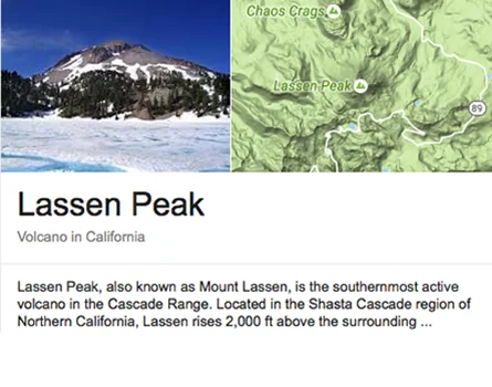 Lassen Peak snow-covered volcano with map showing location in Northern California