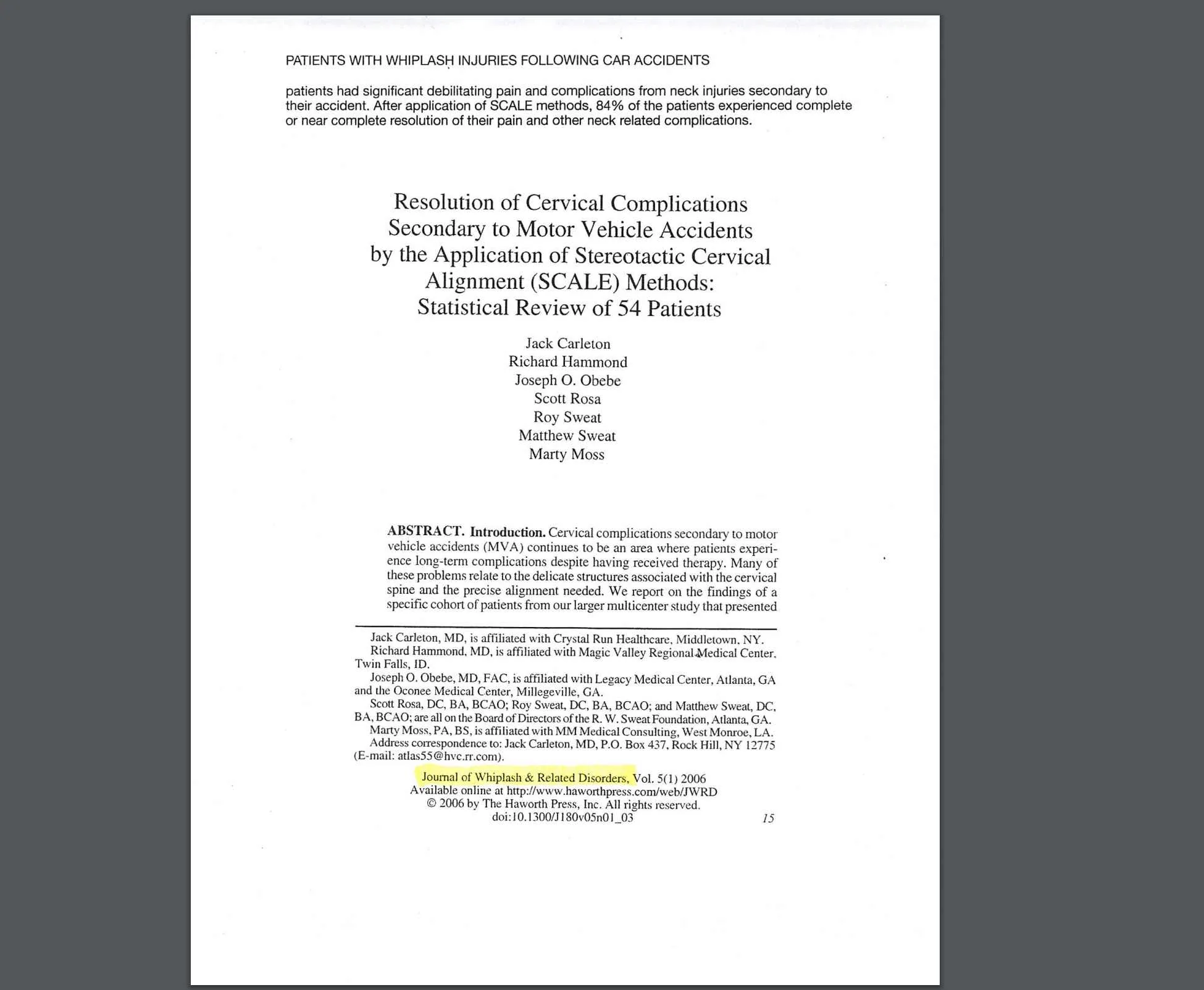 Academic paper title page about cervical complications from motor vehicle accidents treated with SCALE methods, listing seven authors and institutional affiliations.