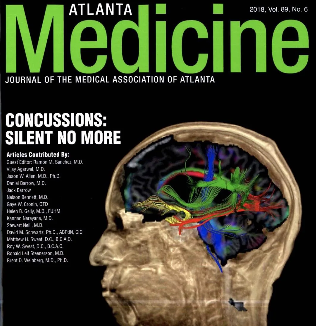 Atlanta Medicine journal cover featuring colorful brain imaging scan with article title Concussions: Silent No More