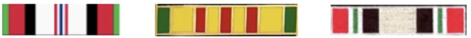 Three military service medal ribbons with colored stripes displayed horizontally