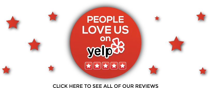 Red circular badge with five-star Yelp review rating and text 'People Love Us on Yelp' surrounded by red stars, with call-to-action text below